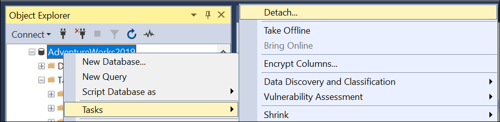 Image of Detaching database option to Fix Error 1067 in SQL Server