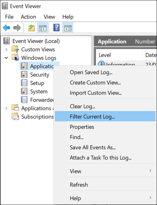 Image of Filter Current Log under the applications