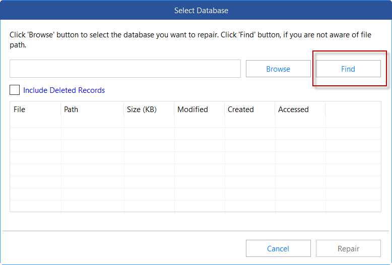 Image of Find database option in the software