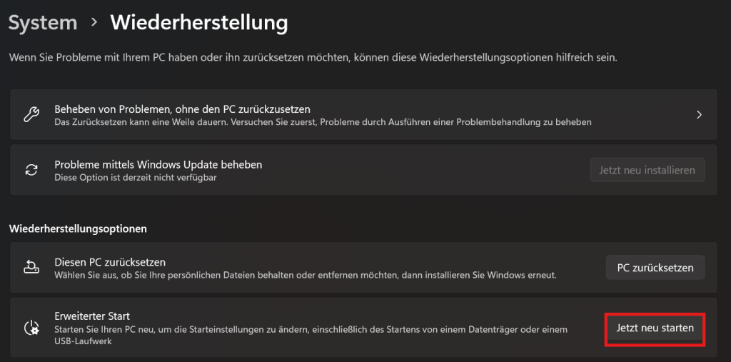 wiederherstellung-Jetzt neu starten