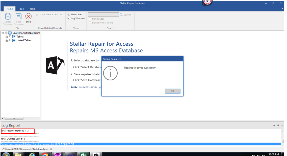 Image of Log Report highlighting the number of files repaired