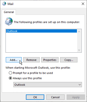 mail new Outlook profile settings