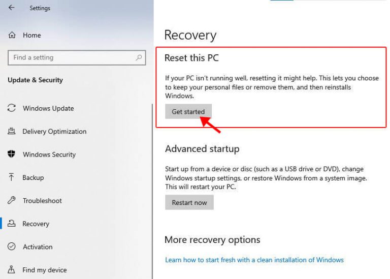 iniciar el proceso de recuperación de windows