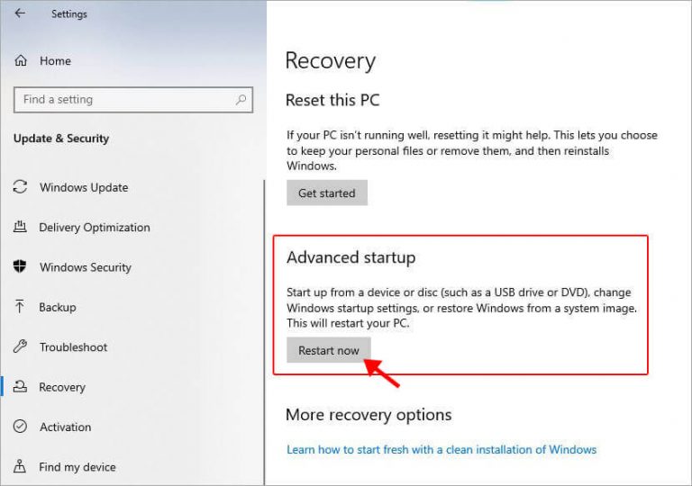 cliquer sur démarrage avancé pour restaurer windows 10/11