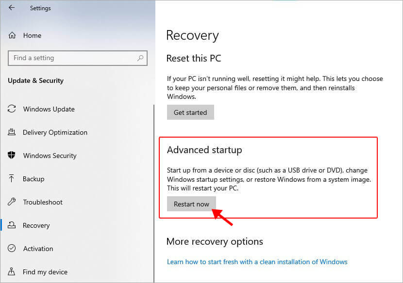 click on advanced startup for restoring windows 10/11