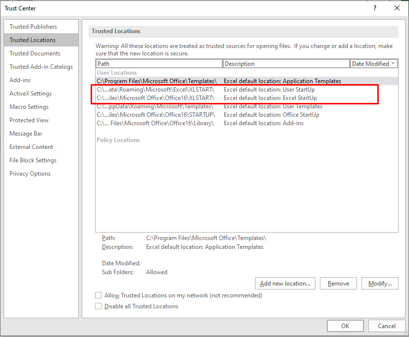 Path Of XLStart Folder In Trust Center