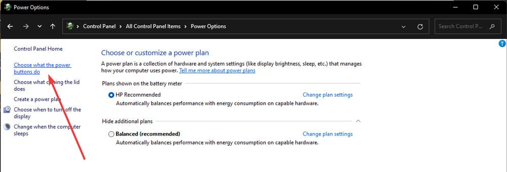 power options in control panel