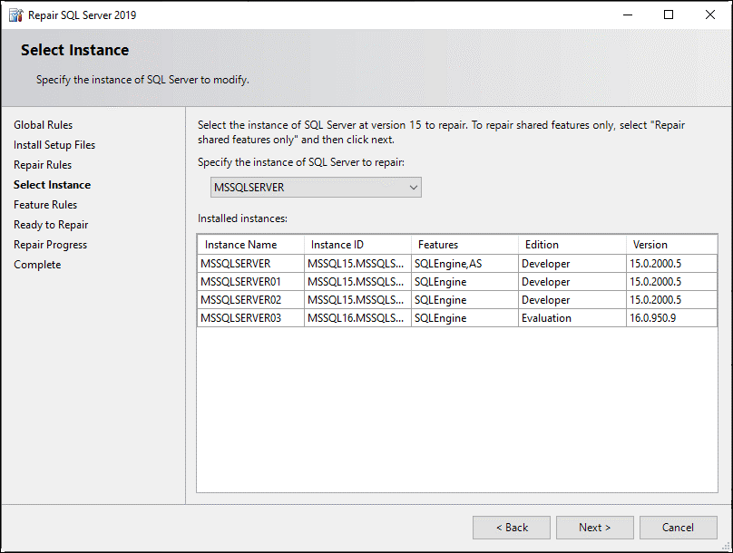 Select Instance you want to repair and click Next