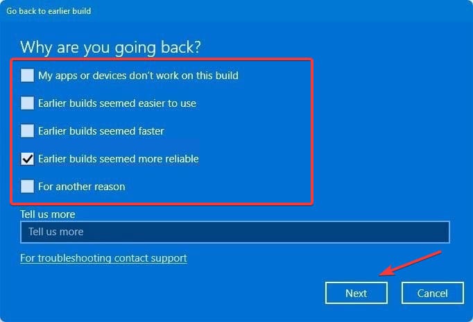 selecting a reason to go back to windows 10