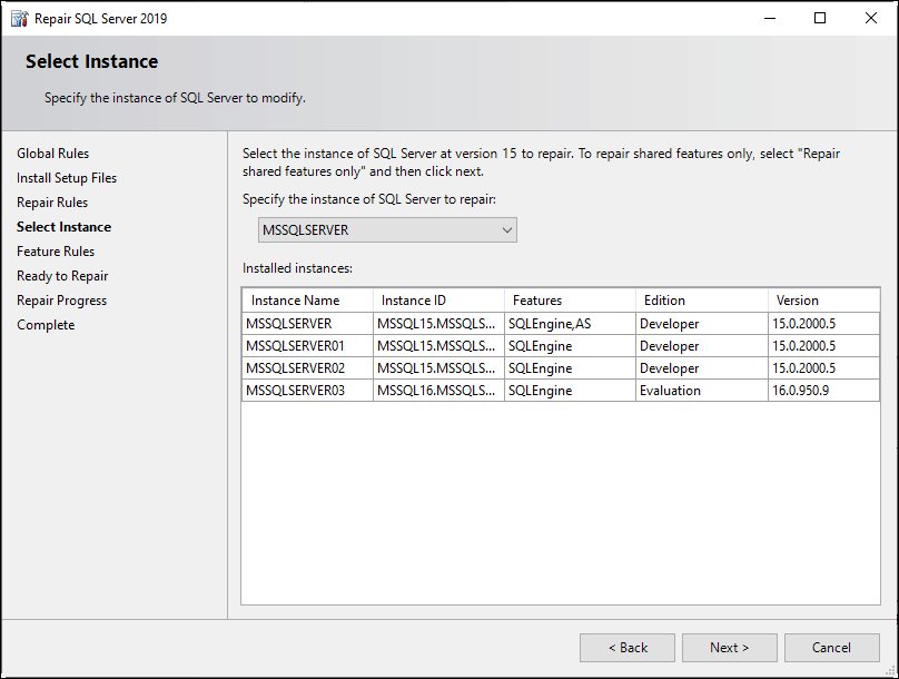 Image of Repair window, go to select instance and select the instance to repair