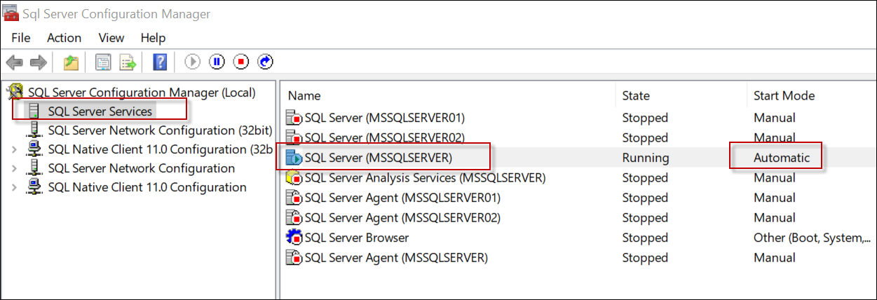 Image of SQL Server Start Mode set to Automatic