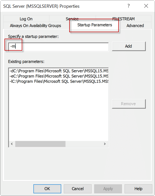Image of Startup parameters specified under SQL Server Properties