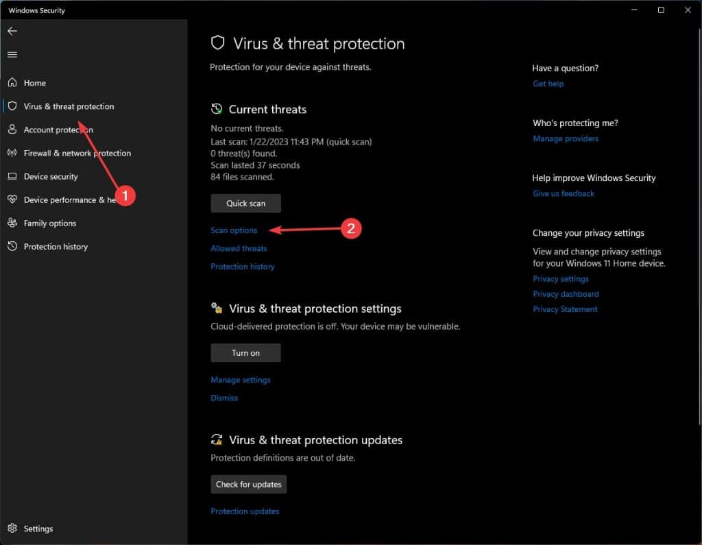 virus and  protection tab and scan options