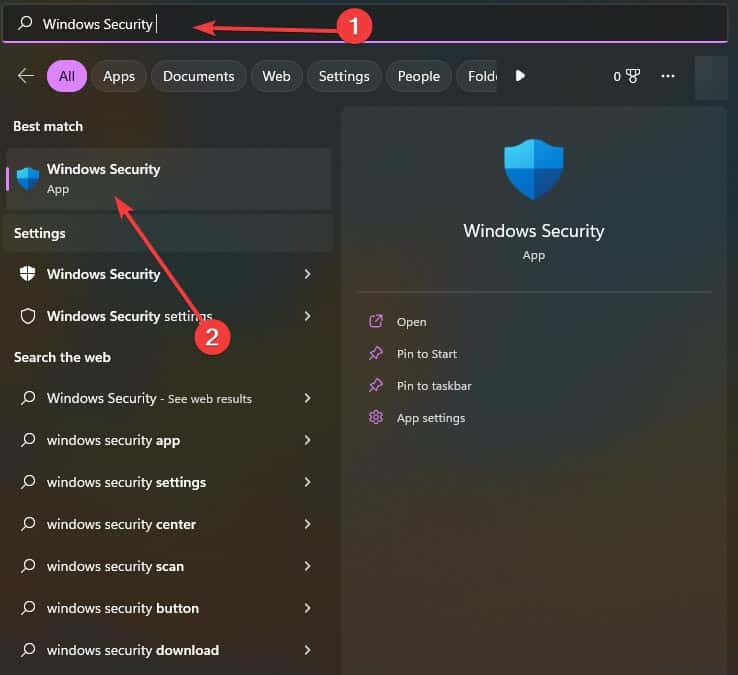 windows security in search
