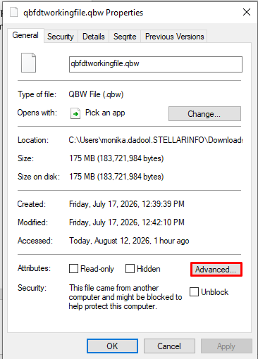 Selecting Advanced option in Properties Window