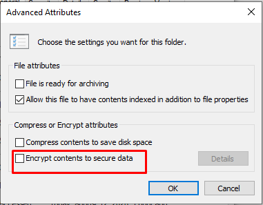Selecting Encrypt Contents to secure data in Advanced Attributes