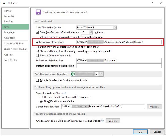 In the Excel Options dialog box, choose the 'Save' option, and copy the AutoRecover file location provided under 'Save workbooks' for configuring backup settings.