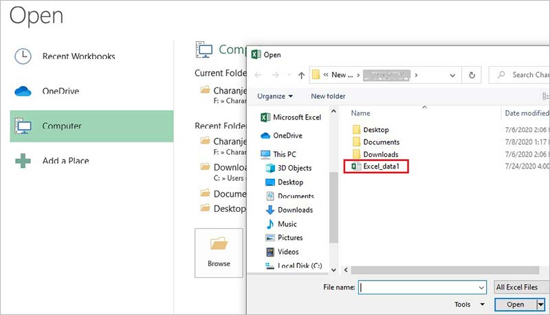 Initiate Microsoft Excel 2013 and choose the corrupted workbook by browsing and selecting it.