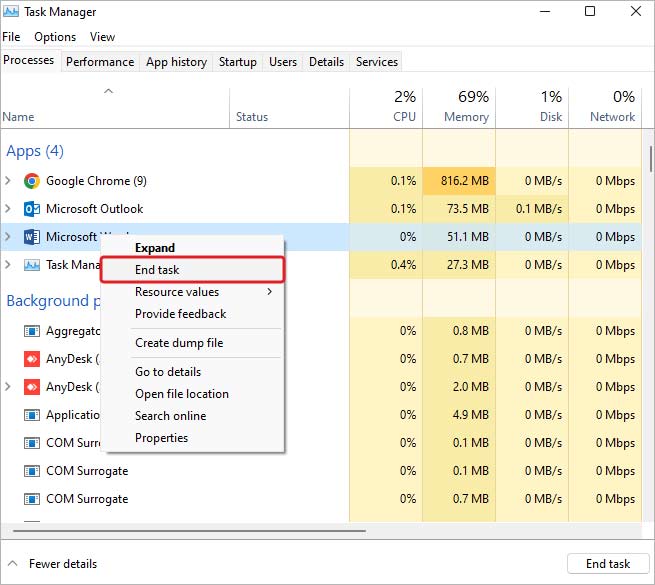 Open task manager to Fix the 0x0 0x0 Error Code