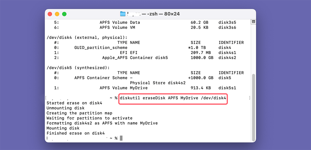 Type the command diskutil list
