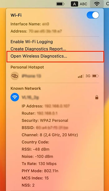 Wi-Fi > Open Wireless Diagnostics