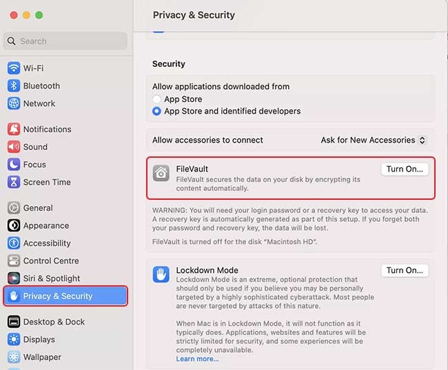 Navigate to Privacy & Security → scroll down to FileVault