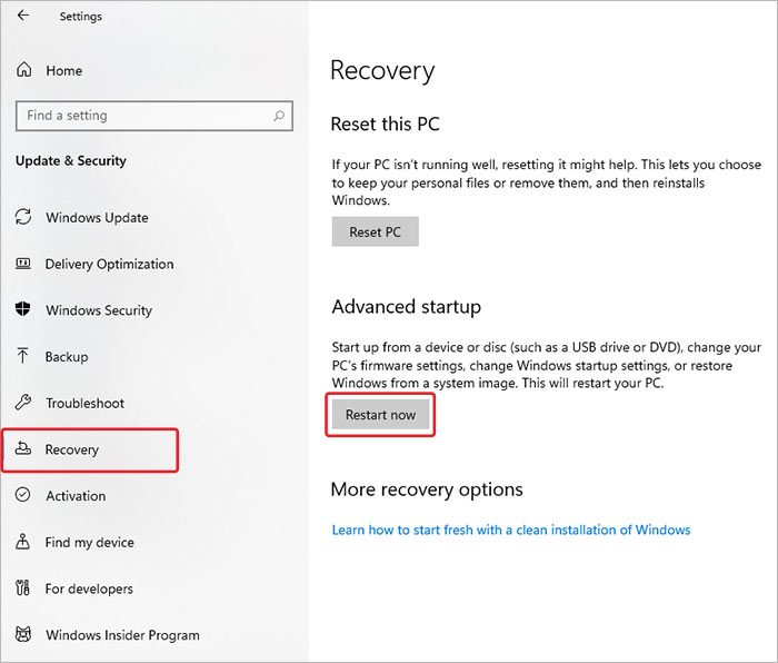 start windows recovery to Fix the 0x0 0x0 Error Code