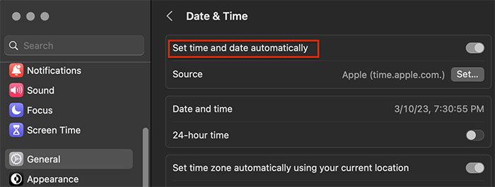 Apple logo → System Settings → Data & Time → Set a date and time automatically