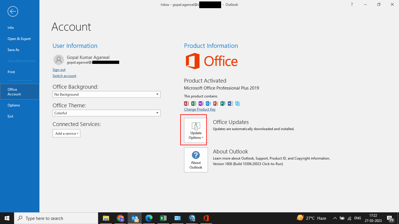 Select Office Accounts options in Outlook account from the file tap and select the Update Options to update the Offline app. 