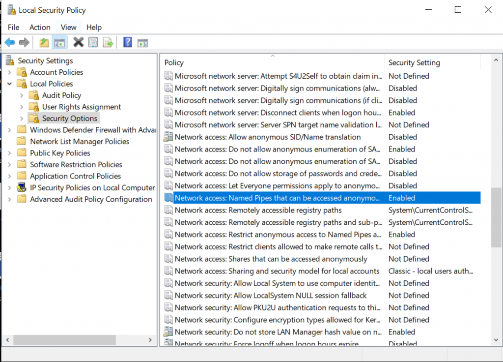 Enable Named Pipes In Local Security Policy Window