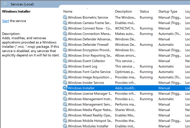 search for the Windows Installer service in the Services window.