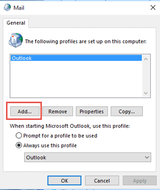 create the Outlook profile