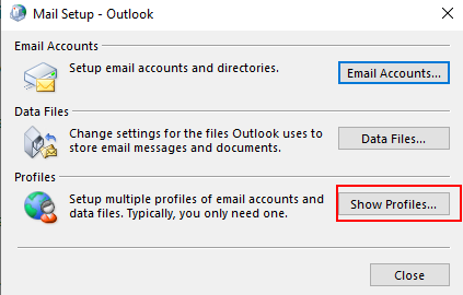 Mail setup - options, click show profiles 