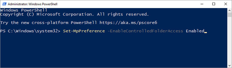 use powershell command to enable controlled folder access