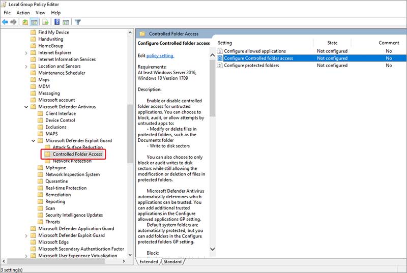 open controlled folder access settings in group policy editor