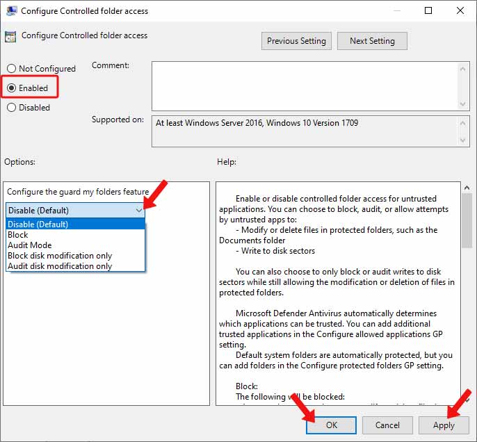 configure controlled folder access to to enable controlled folder access