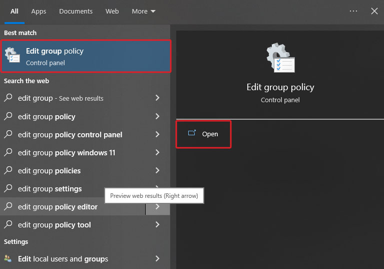 open group policy editor from the search bar