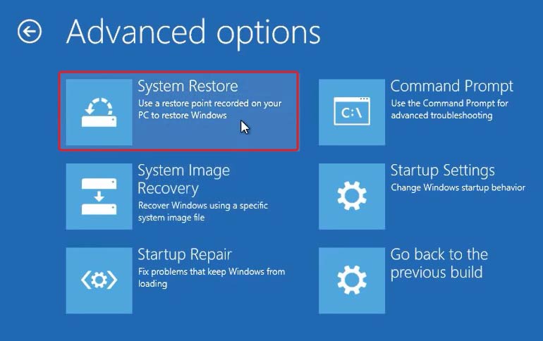 choose system restore to Fix the 0x0 0x0 Error Code