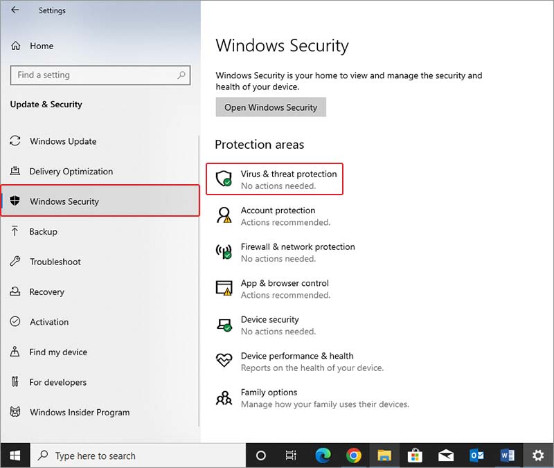 open virus and threat protection settings 