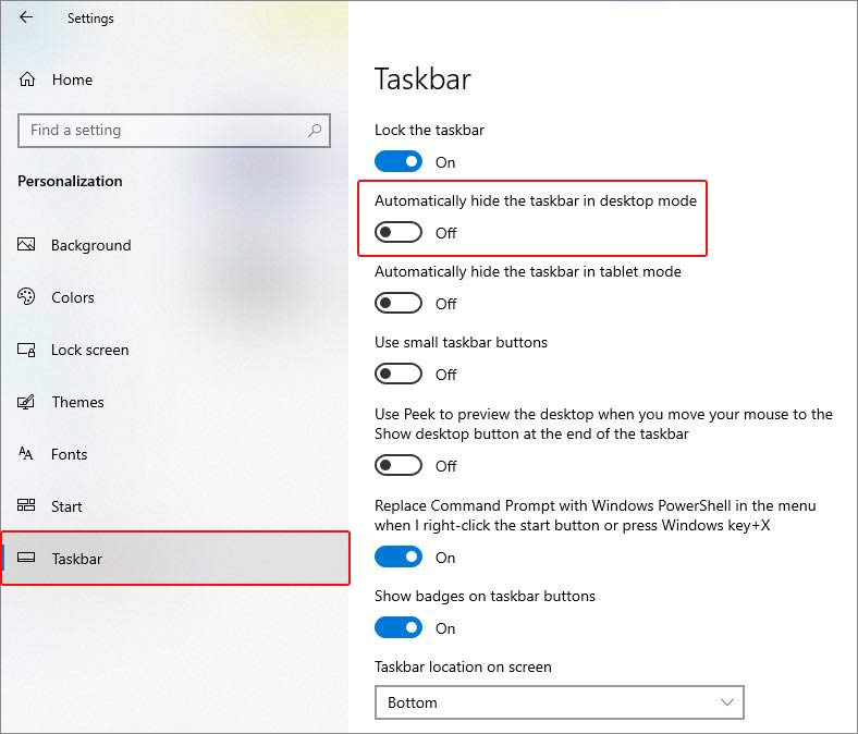 change taskbar settings