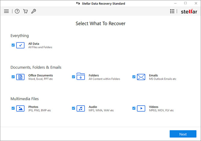 launch stellar windows data recovery standard to recover lost files and data