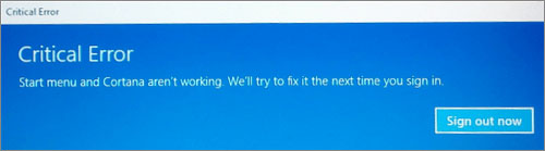 Windows start menu and cortana not working critical error
