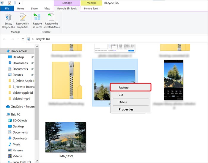 restore deleted photos from Recycle Bin