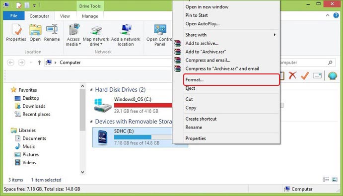 format the sd card in Windows explorer