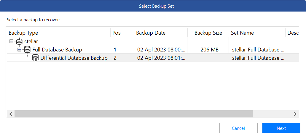 Selecting Backup set in Stellar repair for MS SQL software