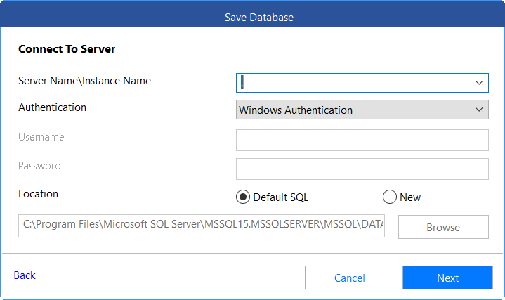 Connection to Server Name for saving database