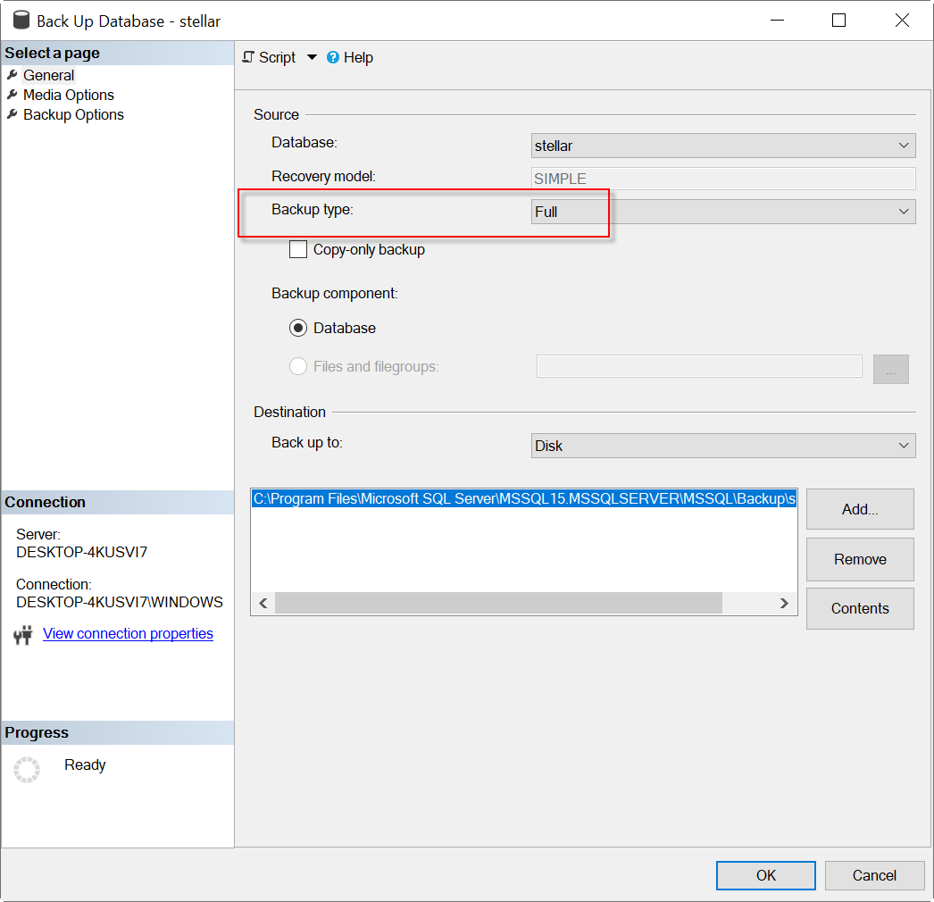 Chose the Full Backup type in SQL Server