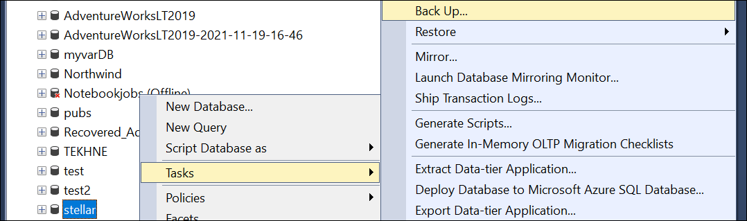 Back Up in the SSMS Object Explorer from Tasks 