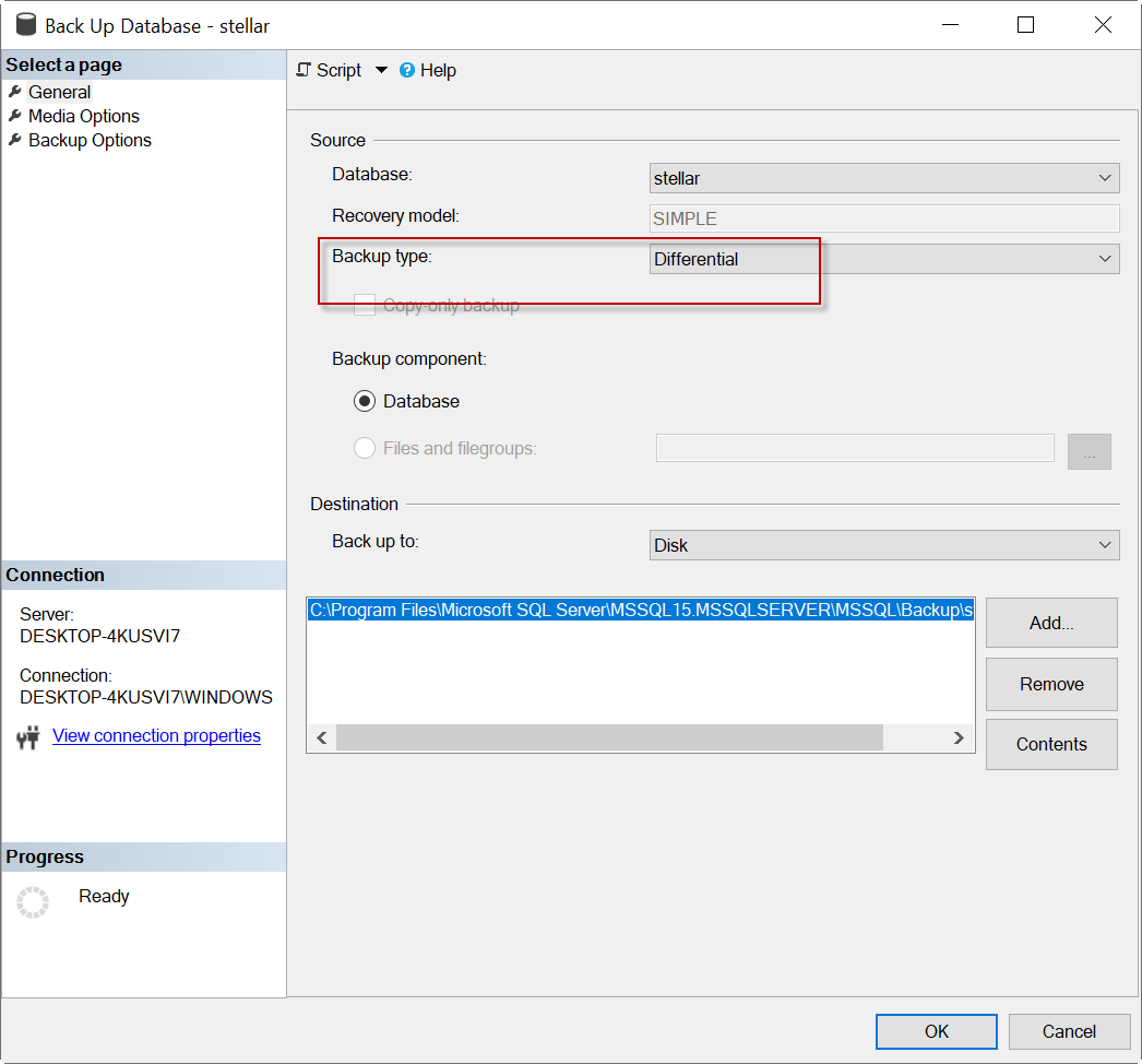 Differential backup type in SSMS(Backup Database)