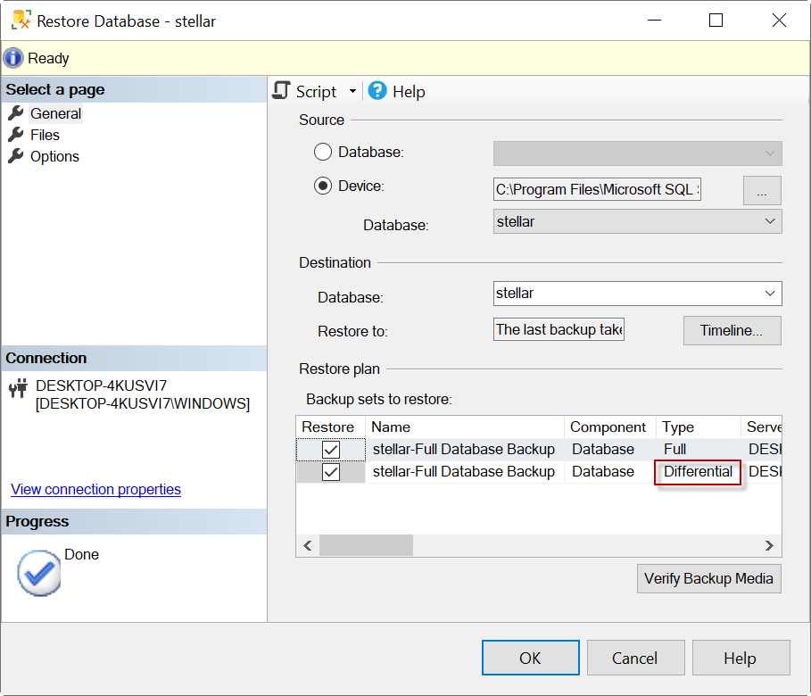 Full and differential backup to restore from SSMS